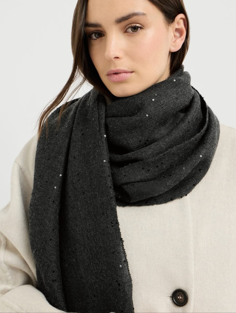 Authentic Brunello Cucinelli Cashmere & Silk Scarf with Delicate Sequins - Dark